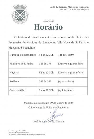 Horário das Delegações da União das Freguesias
