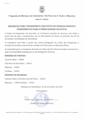 Inscrição para transporte gratuito de pessoas idosas e pensionistas para o Mercadinho de Natal